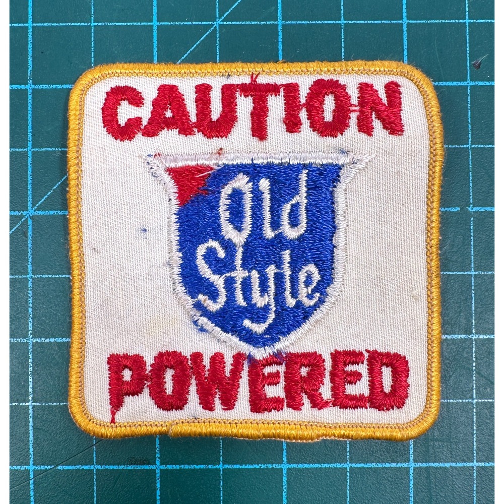 Vintage Old Style Beer Patch Caution Powered Embroidered Sew On 3x3 Inch 70's